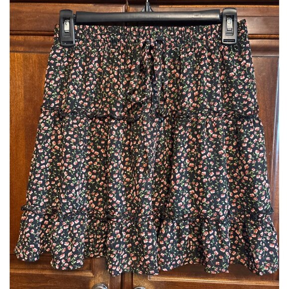 Floral Black Ruffle Mini Skirt With Elastic Waist & Tie By Sienna Sky Size M - Picture 1 of 11